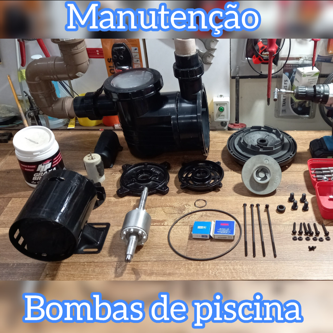 Componentes de uma bomba de piscina organizados durante a manutenção